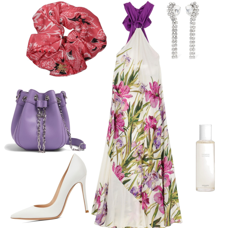 Outfit donna - Serata colorata. Stile Glamour per Serata fuori. Abbinamento con profumi, vestiti lunghi, orecchini, décolleté, accessori per capelli, borse a mano.