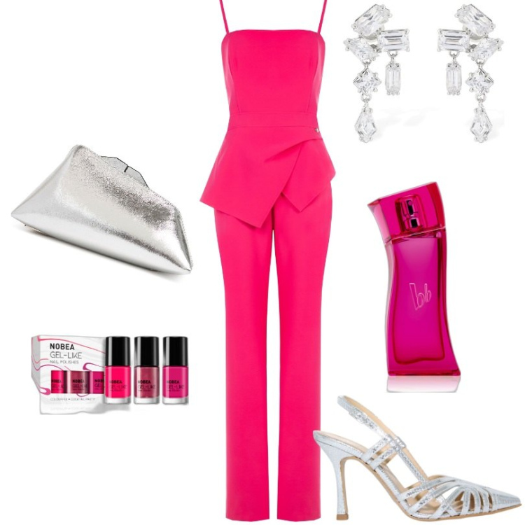 Outfit donna - Una serata speciale. Stile Casual chic per Serata fuori. Abbinamento con smalti, profumi, tute, sandali in pelle, orecchini, pochette.