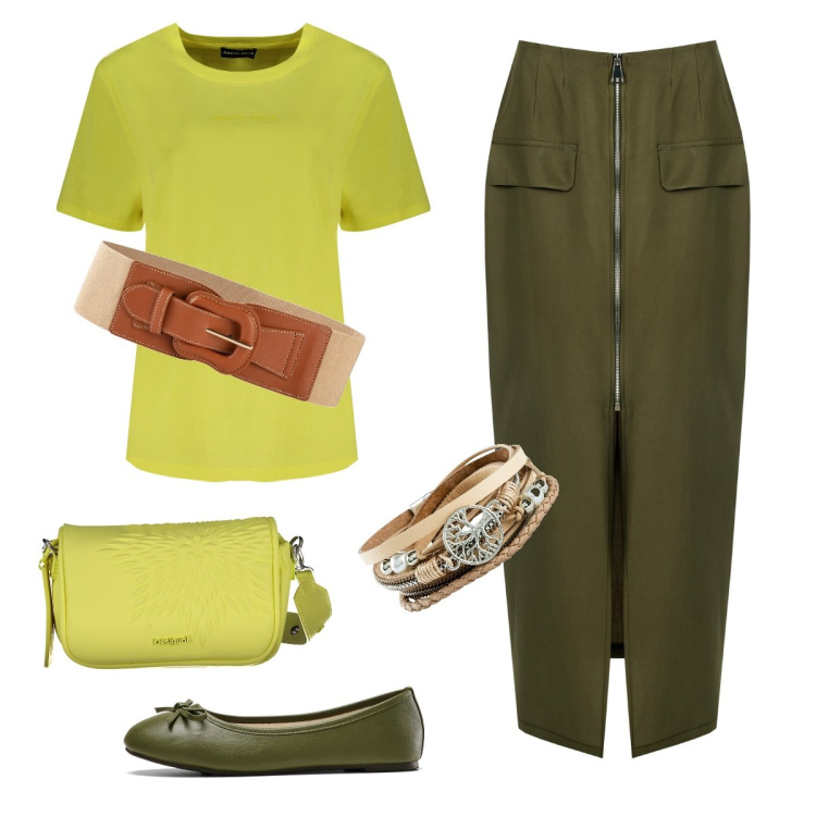 Outfit donna - Lime style. Stile Casual per Tutti i giorni. Abbinamento con braccialetti, cinture, ballerine, gonne longuette, t-shirt, borse a spalla.