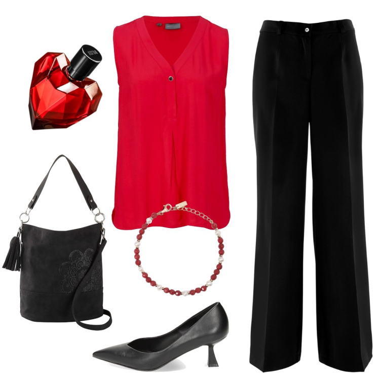 Outfit donna - Rosso con passione. Stile Casual chic per Serata fuori. Abbinamento con borse a mano, pantaloni, top, profumi, braccialetti, décolleté.