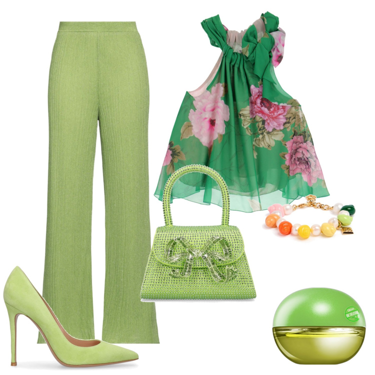 Outfit donna - Verde speranza. Stile Casual chic per Tutti i giorni. Abbinamento con pantaloni, profumi, canottiere, borse a mano, braccialetti, décolleté.
