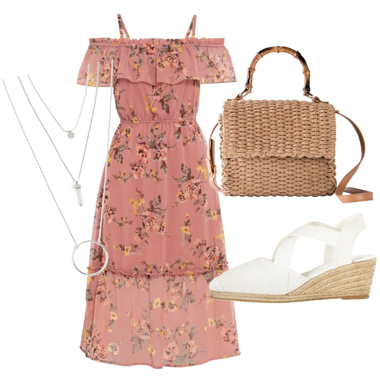 Outfit donna - Il vestito Bonprix. Stile Bon Ton per Tutti i giorni. Abbinamento con ciondoli, vestiti, sandali, borse a mano.