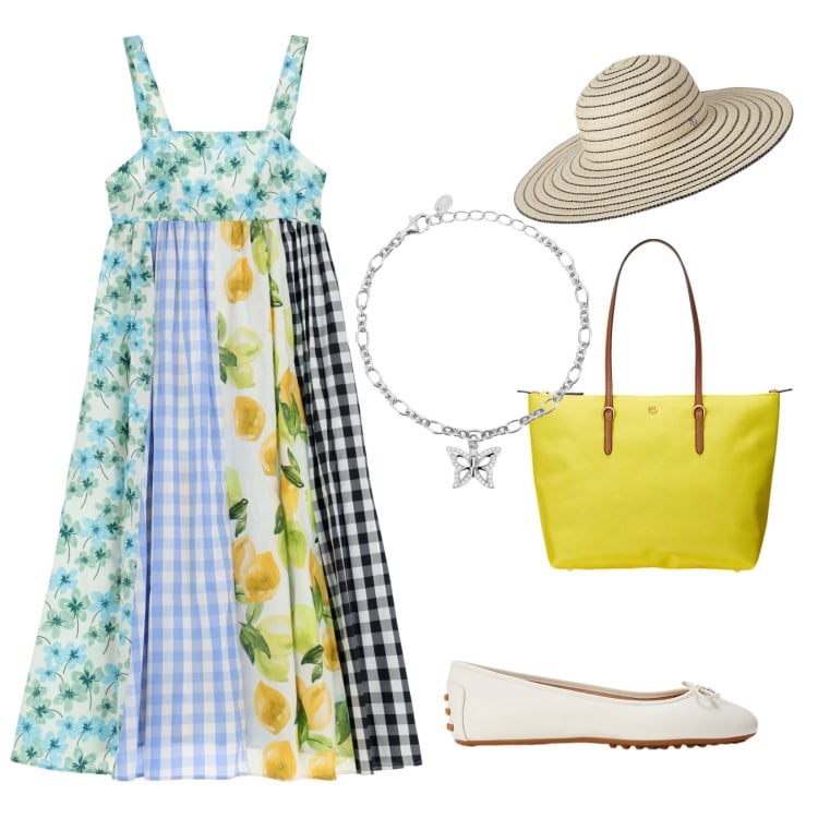 Outfit donna - Ricordo d\'infanzia in campagna. Stile Romantica per Tutti i giorni. Abbinamento con braccialetti con ciondoli, vestiti lunghi, borse tote, ballerine, cappelli.