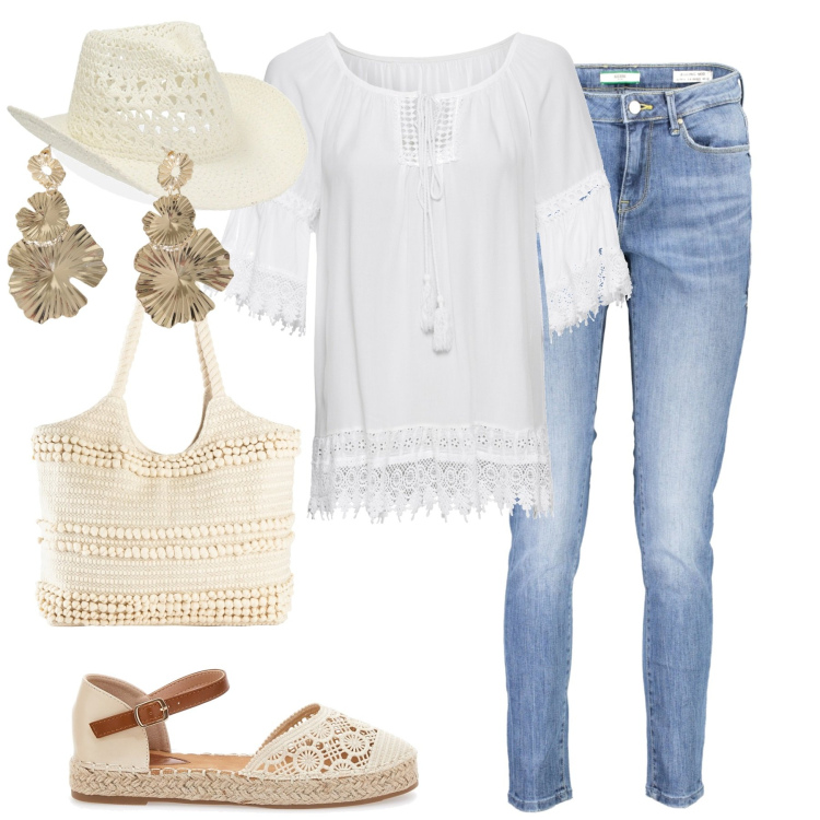 Outfit donna - Turista. Stile Boho per Tutti i giorni. Abbinamento con shopping bag, tuniche, cappelli, orecchini, espadrillas, jeans skinny.