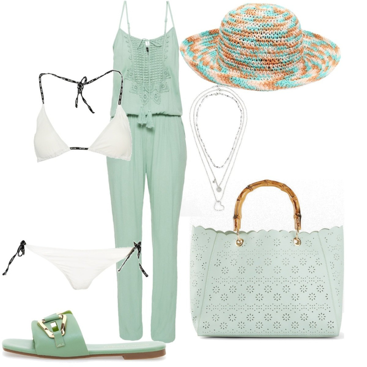 Outfit donna - Tuta verde chiaro. Stile Casual per Mare. Abbinamento con collane, tute, borse a mano, cappelli, ciabatte, bikini.