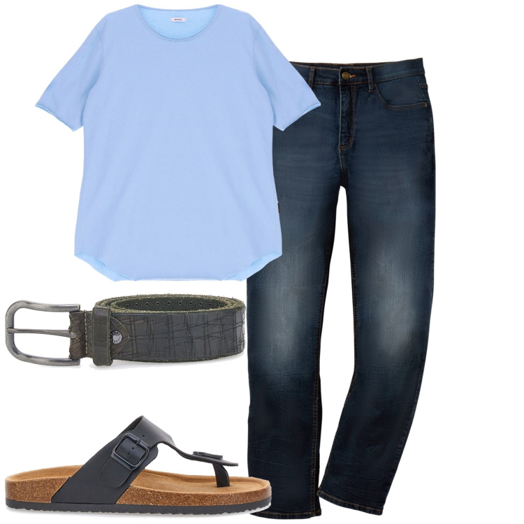Outfit uomo - City. Stile Casual per Tutti i giorni. Abbinamento con jeans dritti, t-shirt, cinture, sandali.