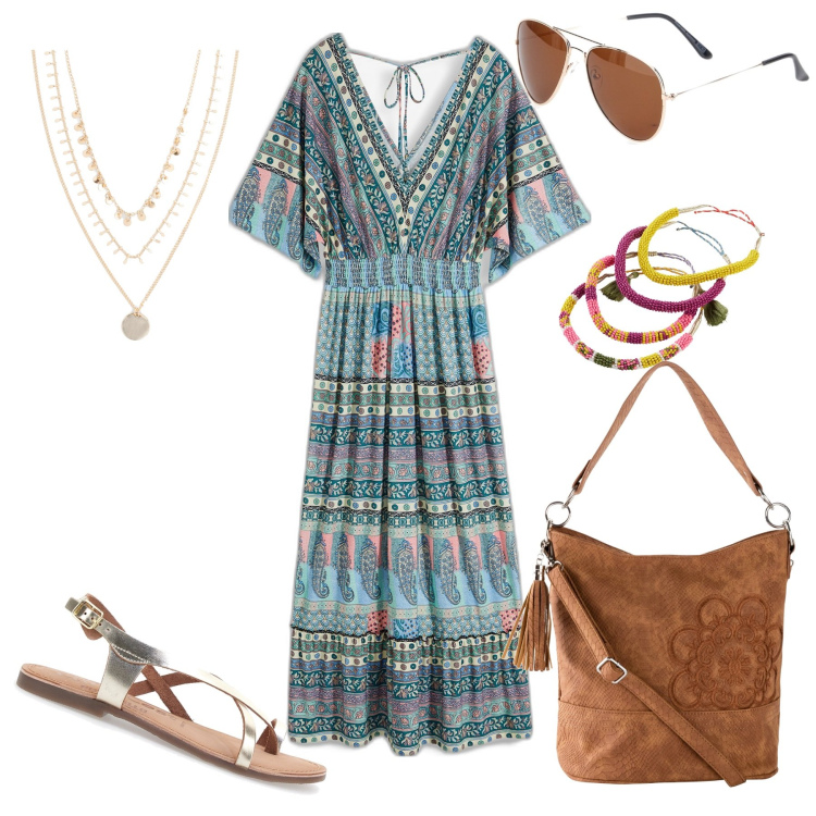 Outfit donna - Giornata estiva. Stile Boho per Tutti i giorni. Abbinamento con borse a mano, collane, vestiti lunghi, braccialetti, sandali in pelle, occhiali da sole.