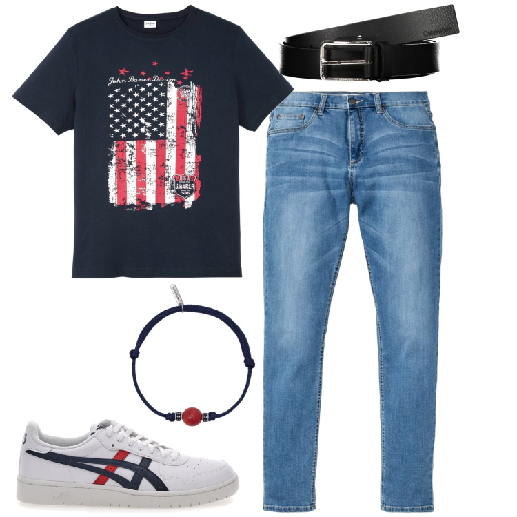 Outfit uomo - Born in the USA. Stile Casual per Tutti i giorni. Abbinamento con t-shirt, jeans, braccialetti, sneakers, cinture.