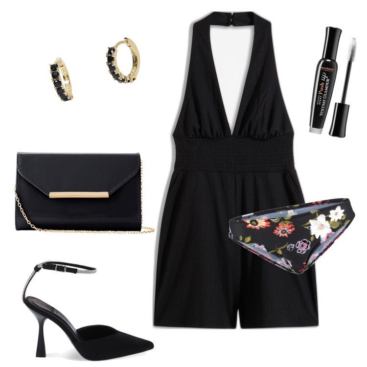 Outfit donna - Così sexy. Stile Sexy per Serata fuori. Abbinamento con tute, culotte, pochette, mascara, orecchini, décolleté.