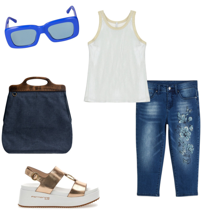 Outfit donna - I capri ricamati. Stile Trendy per Tutti i giorni. Abbinamento con jeans, canottiere, sandali, borse a tracolla, occhiali da sole.