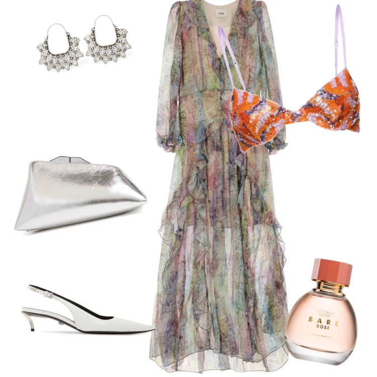 Outfit donna - Più che romantica. Stile Romantica per Cerimonia. Abbinamento con profumi, vestiti lunghi, orecchini, pochette, décolleté, reggiseni.