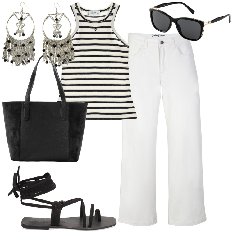 Outfit donna - Comoda in città. Stile Basic per Tutti i giorni. Abbinamento con shopping bag, jeans, occhiali da sole, top, sandali in pelle, orecchini.