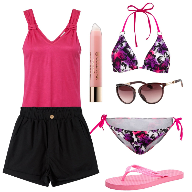 Outfit donna - Beach time. Stile Casual per Mare. Abbinamento con occhiali da sole, top, bikini, gloss, pantaloni corti, infradito.