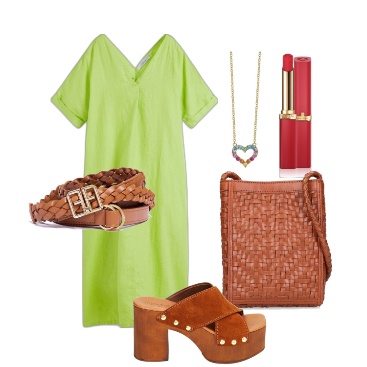 Outfit donna - Ghost outfitter - luglio. Stile Casual per Tutti i giorni. Abbinamento con caftani, rossetti, collane, cinture, sandali col tacco, borse a spalla.