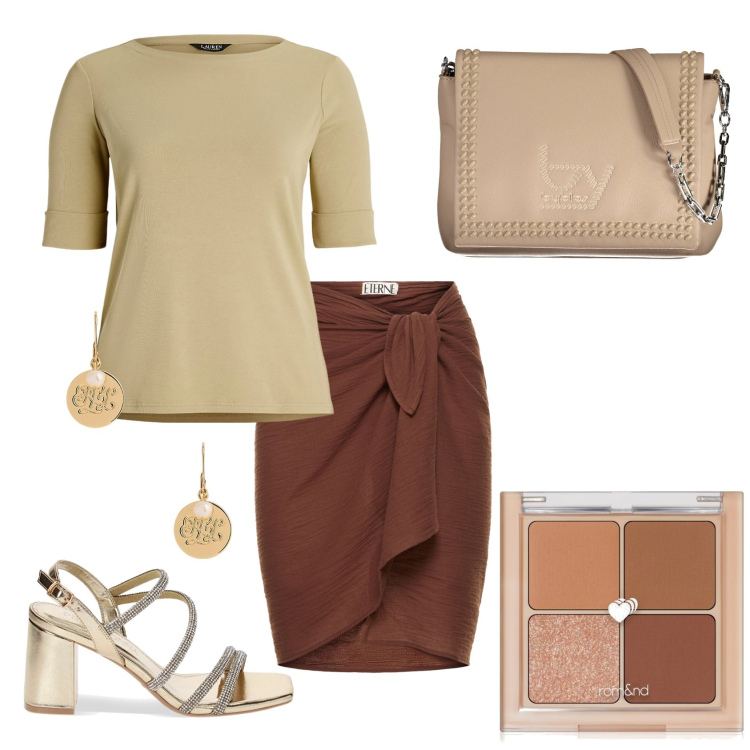 Outfit donna - Total look #1912429. Stile Casual chic per Ufficio. Abbinamento con ombretti, sandali gioiello, top, orecchini, minigonne, borse a spalla.
