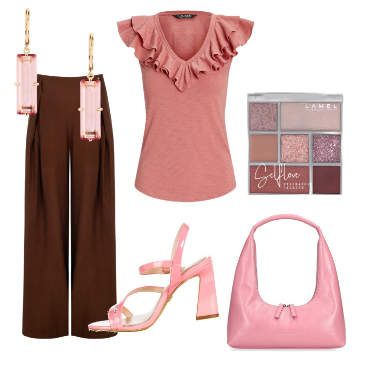 Outfit donna - Total look #1912430. Stile Casual chic per Ufficio. Abbinamento con ombretti, sandali in pelle, pantaloni a palazzo, top, orecchini, borse a spalla.