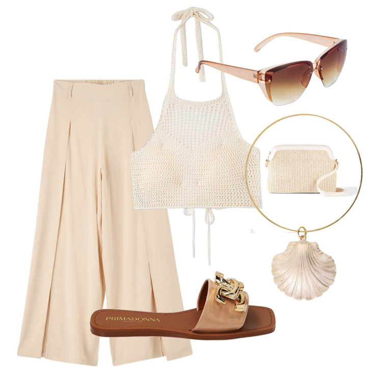 Outfit donna - Best shop!!!. Stile Casual chic per Mare. Abbinamento con borse a tracolla, occhiali da sole, top, pantaloni, braccialetti, ciabatte.