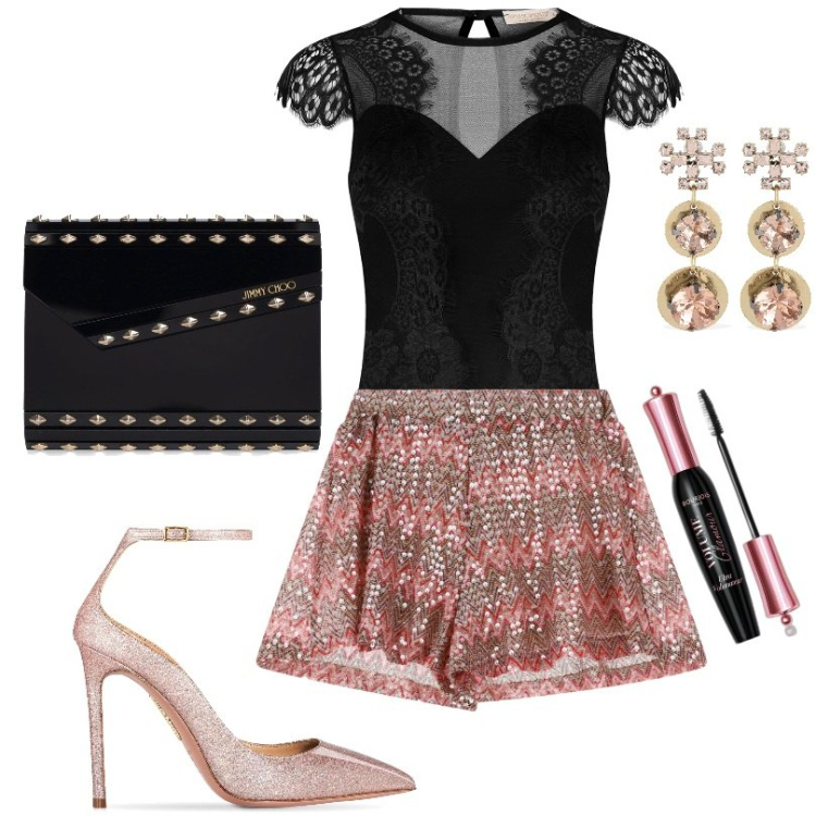 Outfit donna - Body in pizzo nero. Stile Sexy per Serata fuori. Abbinamento con mascara, body, shorts, orecchini, pochette, décolleté.