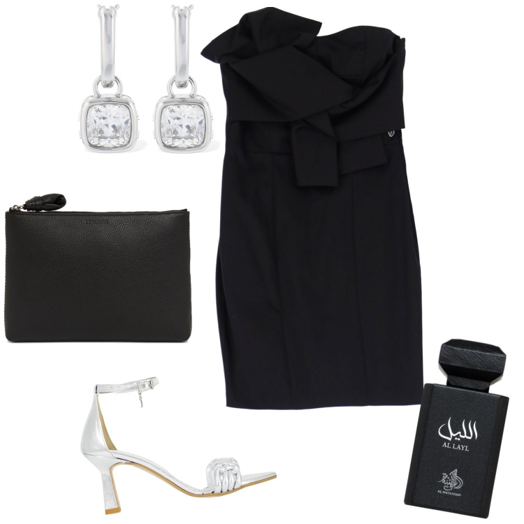Outfit donna - Mille e una notte con lui. Stile Sexy per Serata fuori. Abbinamento con profumi, vestiti corti, décolleté, pochette, orecchini.