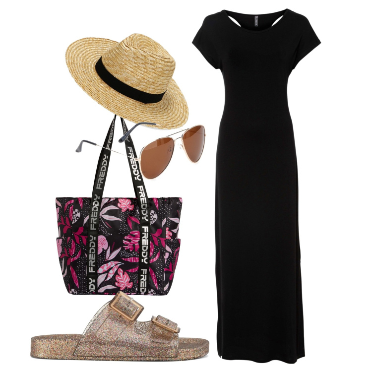 Outfit donna - Con stile. Stile Chic per Tutti i giorni. Abbinamento con vestiti, cappelli, shopping bag, sandali, occhiali da sole.