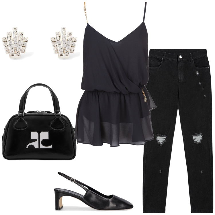 Outfit donna - Vitino da vespa. Stile Glamour per Serata fuori. Abbinamento con top, jeans skinny, borse a mano, scarpe col tacco, orecchini.