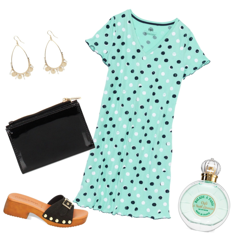 Outfit donna - A casa a pois. Stile Basic per Tutti i giorni. Abbinamento con camicie da notte, profumi, portafogli, zoccoli, orecchini.