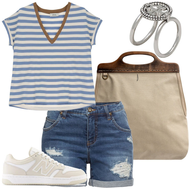 Outfit donna - La maglia a righe. Stile Casual per Tutti i giorni. Abbinamento con shorts, anelli, sneakers, t-shirt, borse a tracolla.