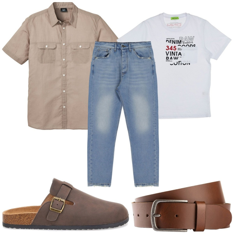 Outfit uomo - Total look #1912482. Stile Trendy per Tutti i giorni. Abbinamento con cinture, camicie a manica corta, jeans slim fit, t-shirt, sandali.
