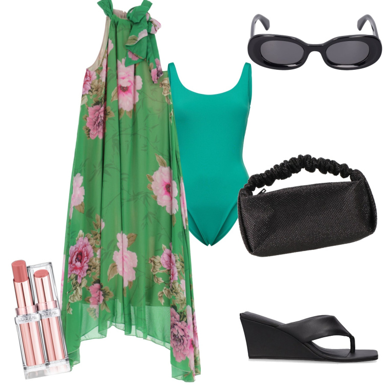 Outfit donna - Dalla spiaggia alla serata. Stile Glamour per Serata fuori. Abbinamento con borse a mano, rossetti, vestiti lunghi, zeppe, costumi interi, occhiali da sole.