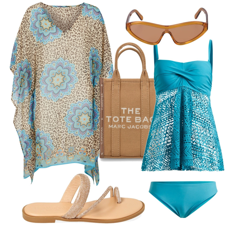 Outfit donna - Caftano. Stile Boho per Mare. Abbinamento con costumi interi, vestiti da spiaggia, infradito, borse tote, occhiali da sole.