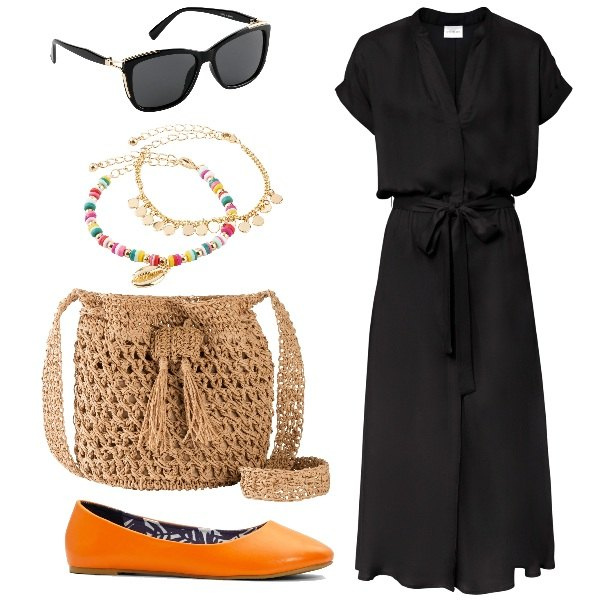 Outfit donna - Lo chemisier nero. Stile Casual per Scuola/Università. Abbinamento con vestiti chemisier, borse a tracolla, ballerine, braccialetti con ciondoli, occhiali da sole.