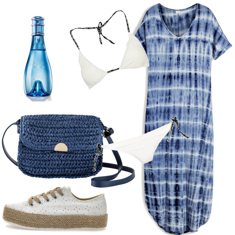 Outfit donna - Total look #1912493. Stile Casual per Mare. Abbinamento con vestiti lunghi, borse a tracolla, profumi, espadrillas, bikini.