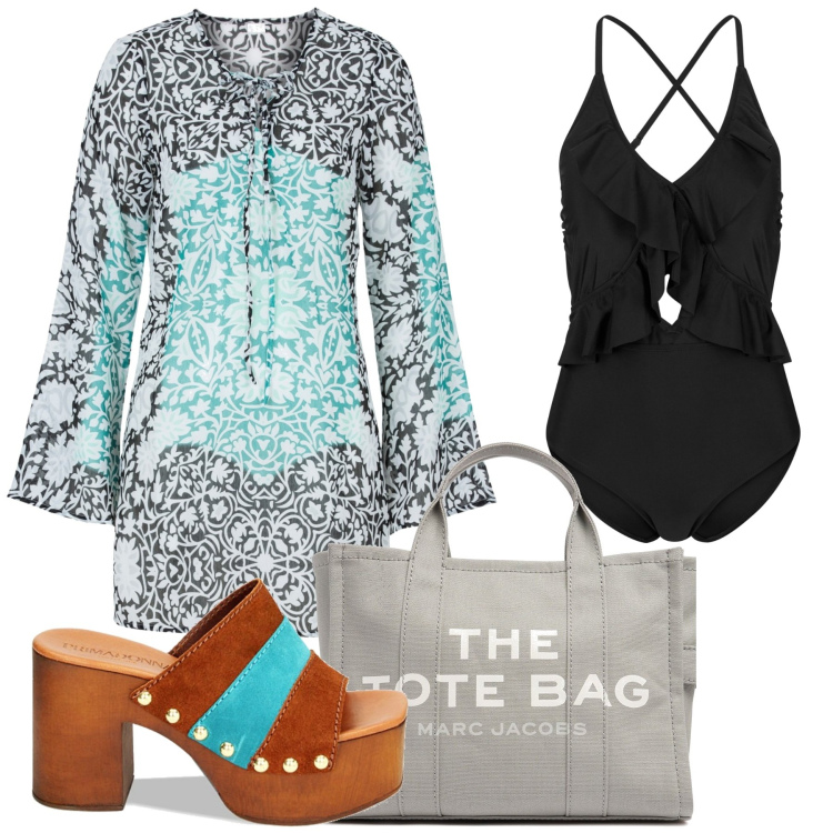 Outfit donna - Al mare coi saldi. Stile Boho per Mare. Abbinamento con costumi interi, vestiti da spiaggia, zoccoli, borse tote.