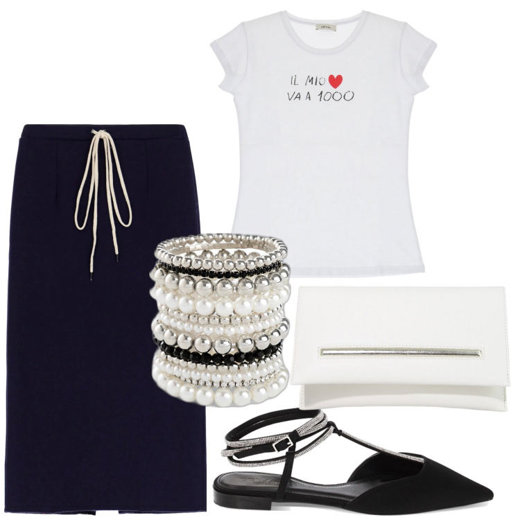 Outfit donna - Estate minimal. Stile Minimal per Ufficio. Abbinamento con braccialetti, pochette, ballerine, gonne longuette, t-shirt.