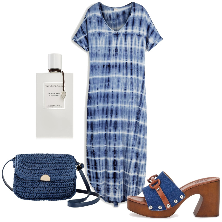 Outfit donna - In barca. Stile Basic per Tutti i giorni. Abbinamento con vestiti lunghi, borse a tracolla, profumi, zoccoli.