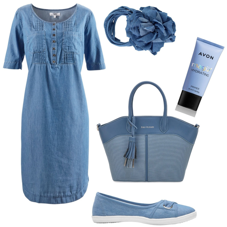 Outfit donna - Basic style. Stile Basic per Tutti i giorni. Abbinamento con vestiti midi/longuette, ballerine, primer, collane, borse a mano.