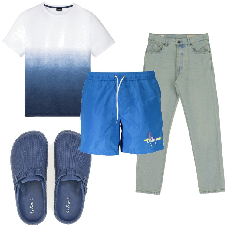 Outfit uomo - Total look #1912542. Stile Trendy per Mare. Abbinamento con t-shirt, jeans slim fit, costumi, sandali.