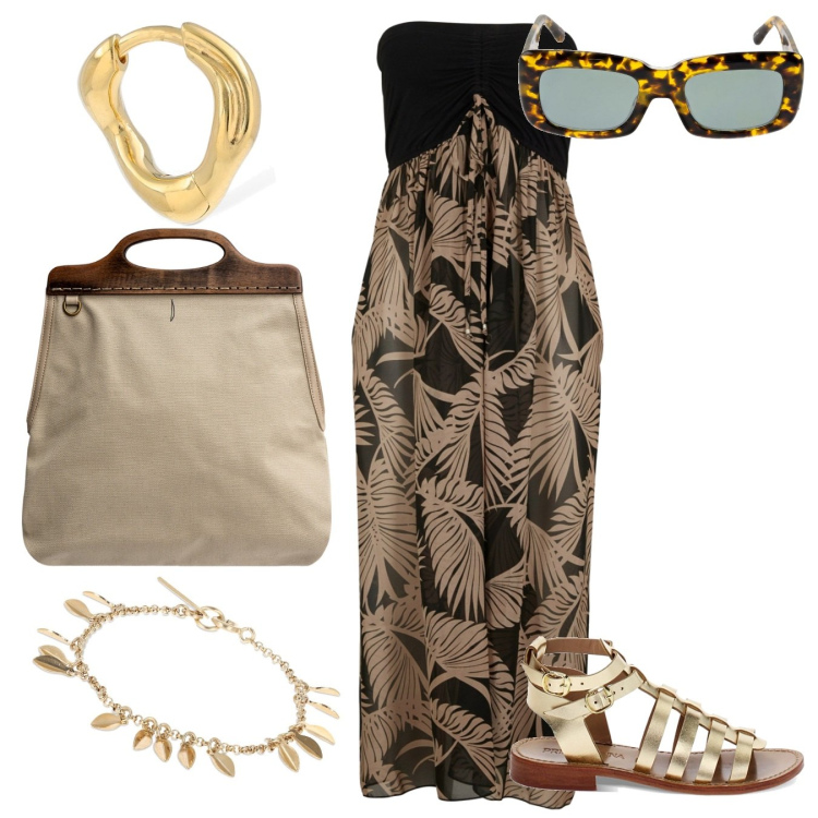 Outfit donna - Spiaggia dorata. Stile Etnico per Mare. Abbinamento con vestiti da spiaggia, sandali, borse a tracolla, braccialetti, occhiali da sole, orecchini.