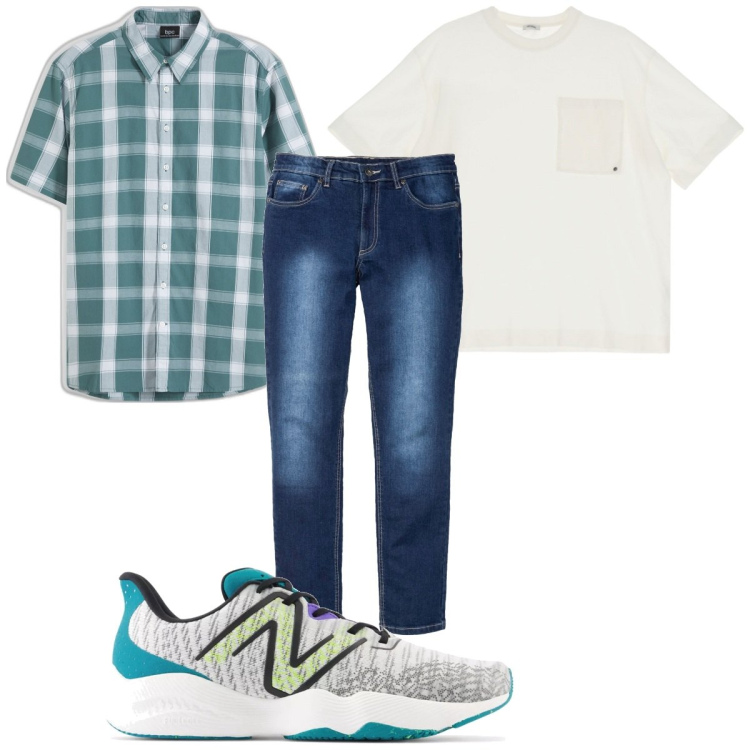 Outfit uomo - Total look #1912546. Stile Trendy per Tutti i giorni. Abbinamento con camicie a manica corta, jeans slim fit, sneakers, t-shirt.