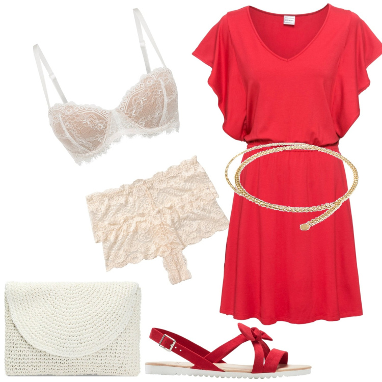 Outfit donna - Total look #1912554. Stile Sexy per Tutti i giorni. Abbinamento con reggiseni a balconcino, vestiti, cinture, sandali, slip, pochette.