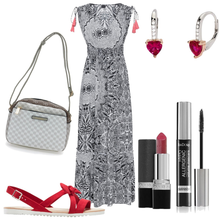 Outfit donna - L\'abito grigio. Stile Casual per Serata fuori. Abbinamento con vestiti lunghi, sandali, rossetti, mascara, orecchini, borse a tracolla.