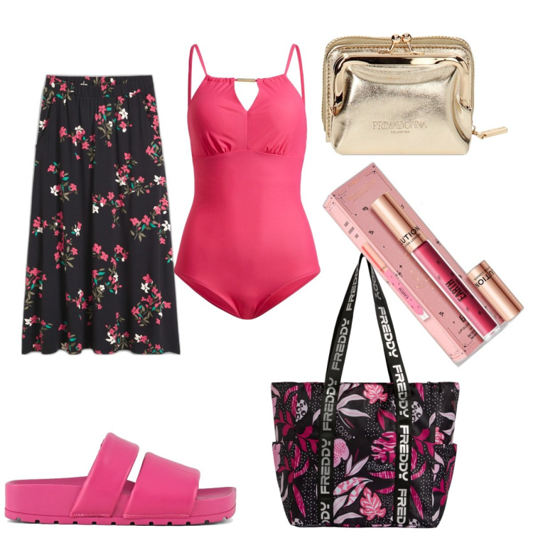 Outfit donna - Corallo. Stile Casual per Mare. Abbinamento con gonne, costumi interi, gloss, portafogli, shopping bag, ciabatte.