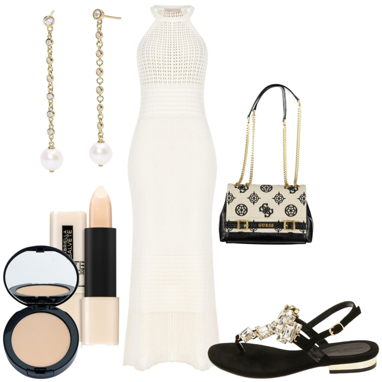Outfit donna - Dress crochet. Stile Chic per Serata fuori. Abbinamento con ciprie, correttori, orecchini, vestiti lunghi, ciabatte, borse a spalla.