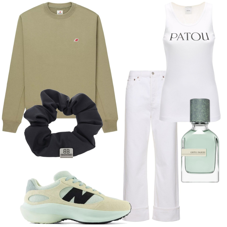 Outfit donna - Freschetto. Stile Casual per Tutti i giorni. Abbinamento con profumi, sneakers, felpe, canottiere, accessori per capelli, jeans dritti.