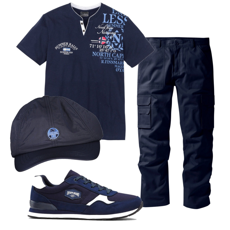 Outfit uomo - Total look #1912601. Stile Casual per Tutti i giorni. Abbinamento con t-shirt, sneakers, pantaloni cargo, cappelli con visiera.