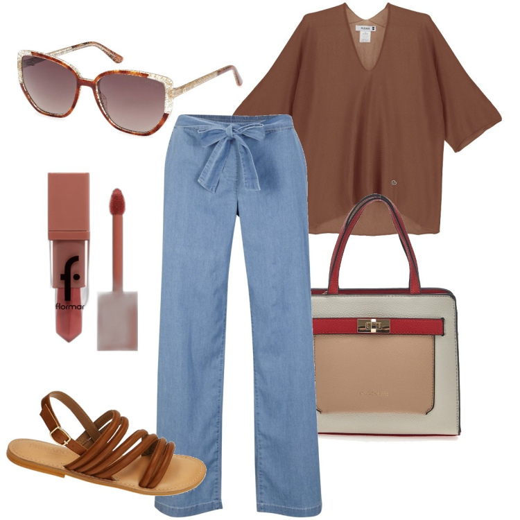 Outfit donna - Il jeans con il fiocco. Stile Casual chic per Tutti i giorni. Abbinamento con pantaloni, rossetti, maglieria, sandali in pelle, occhiali da sole, borse a mano.