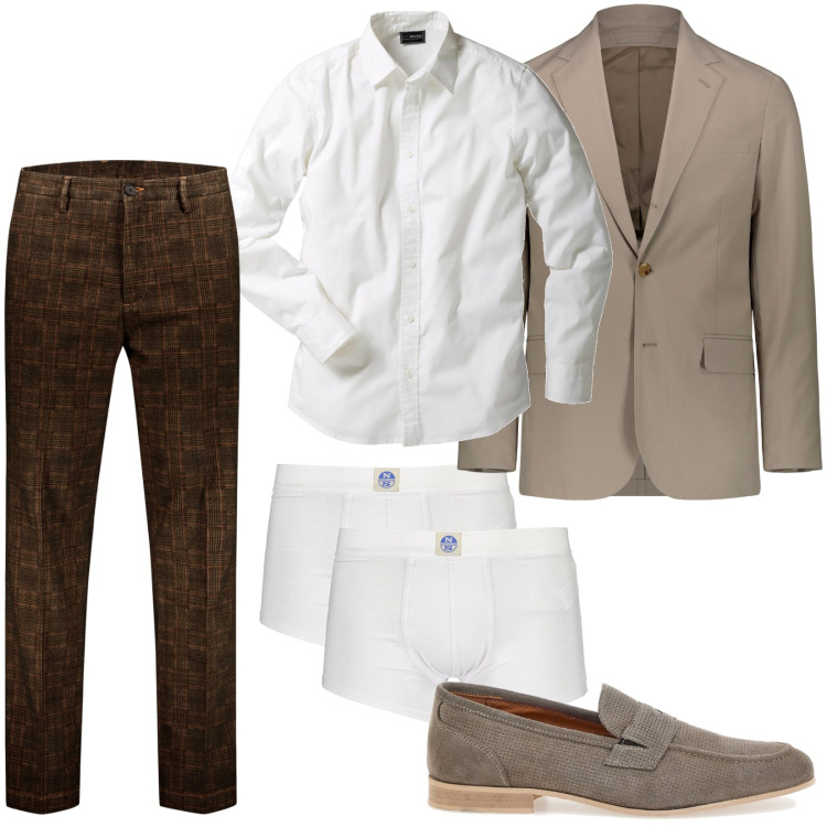 Outfit uomo - Marrone e bianco in ufficio. Stile Business/Elegante per Ufficio. Abbinamento con camicie, pantaloni, scarpe stringate, boxer, abiti.
