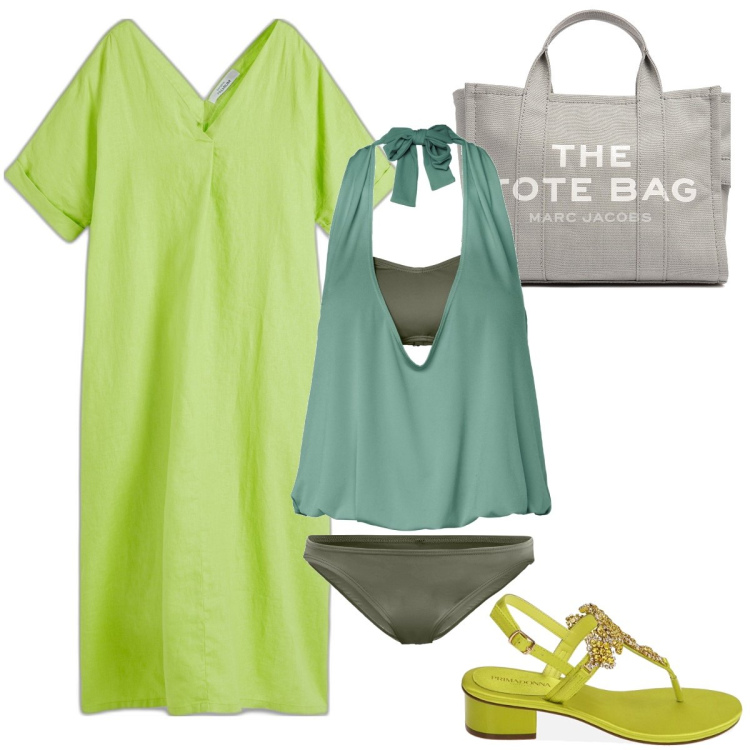 Outfit donna - Verde acido. Stile Bon Ton per Mare. Abbinamento con caftani, costumi interi, ciabatte, borse tote.