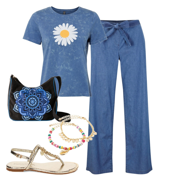Outfit donna - Total look #1912623. Stile Basic per Tutti i giorni. Abbinamento con t-shirt, pantaloni, borse a tracolla, braccialetti con ciondoli, sandali.