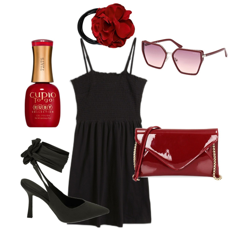 Outfit donna - Accessori ciliegia. Stile Sexy per Serata fuori. Abbinamento con vestiti, smalti, pochette, décolleté, collane, occhiali da sole.